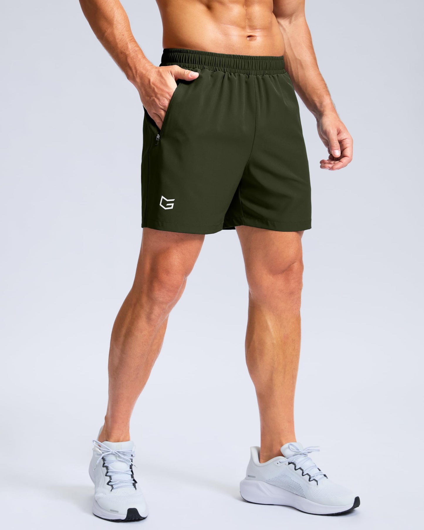 G Gradual Men's Athletic Running Shorts with Zipper Pockets Quick Dry 7"/ 5"/ 9" Workout Gym Shorts for Basketball Hiking(Olive,5L)