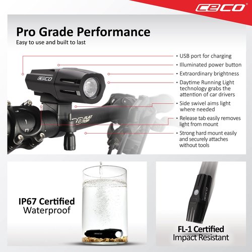 CECO-USA: 1,000 Lumen USB Rechargeable Bicycle Headlight – HARD MOUNT VERSION - Tough & Durable IP67 Waterproof & FL-1 Impact Resistant– Super Bright Model F1000 – For Commuters, Road & Mountain Bikes