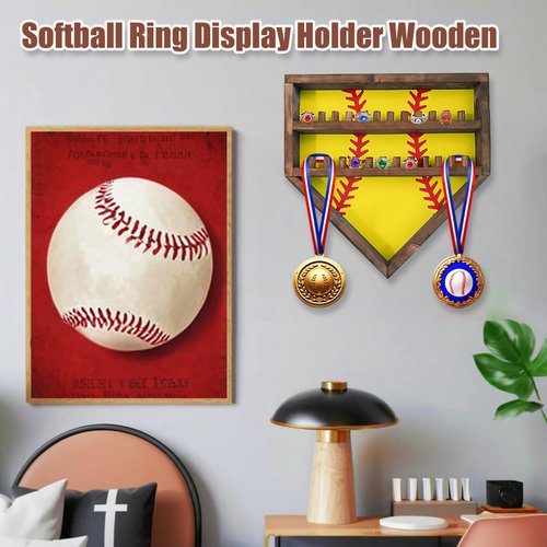 Baseball Softball Basketball Ring Holder - 24 Ring Post Wooden Display Case for Sports Medals - Wall Mount (Yellow)
