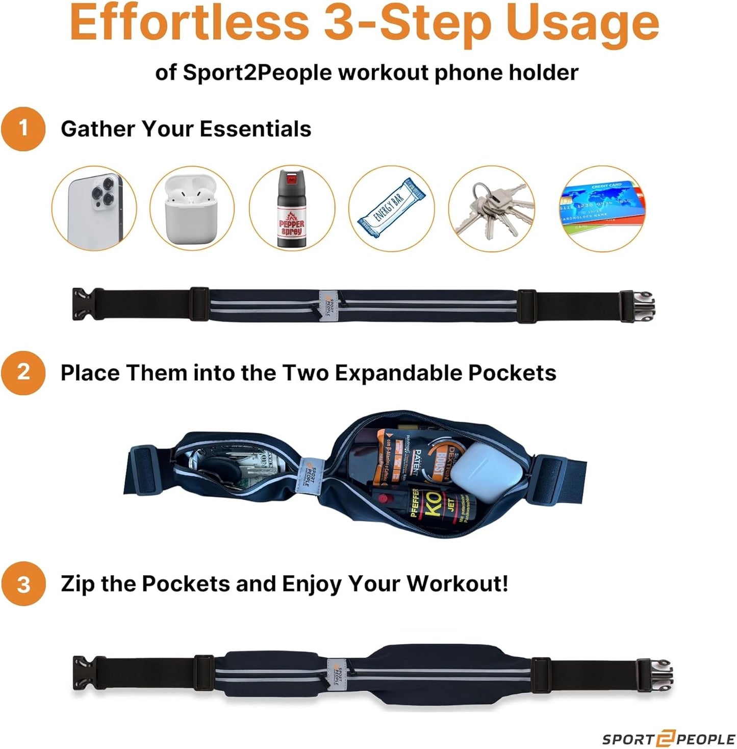 Slim Running Belt for Women and Men, Waterproof Phone Holder for Running, Reflective 2-Pocket Waist Pack for Storing Runner’s Essentials Safely, Runner’s Fanny Pack, Money Belt Fits Most Phones