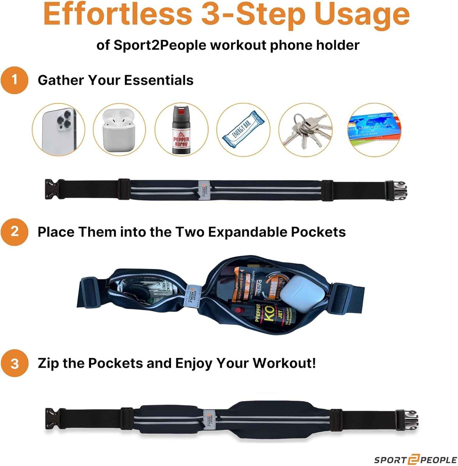 Waterproof Slim Running Belt with Reflective 2-Pocket Phone Holder for Men & Women