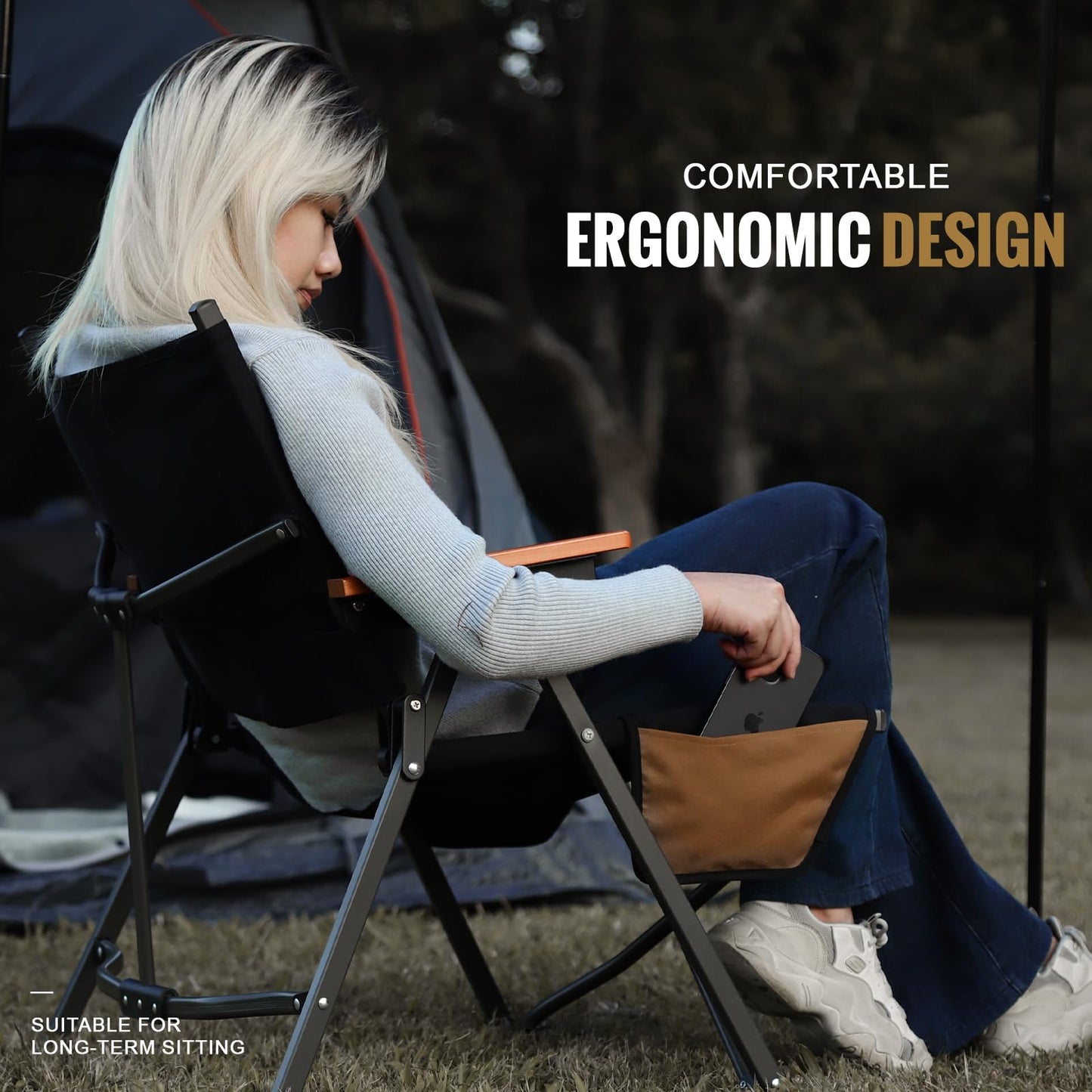 FEIWOOD GEAR Folding Camping Chair, Lightweight Portable Chair Wood Armrest with Side Pockets, Cup Holder for Camping, Picnic, Concert, Beach, Fishing, Outdoor