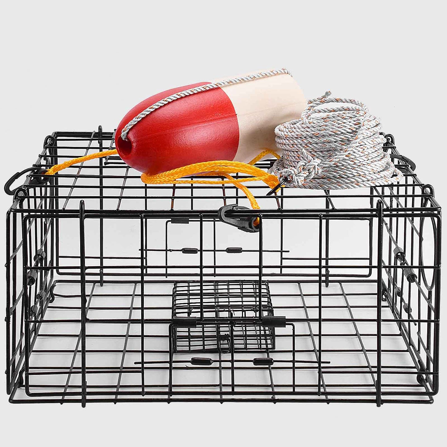 A1FISHER 5/16" Dia-100’ Leaded Core Rope with 13.8’’x5.9’’ Red/White Crab Trap Deep Water Float Buoy, 4 Arm Trap Harness Combo