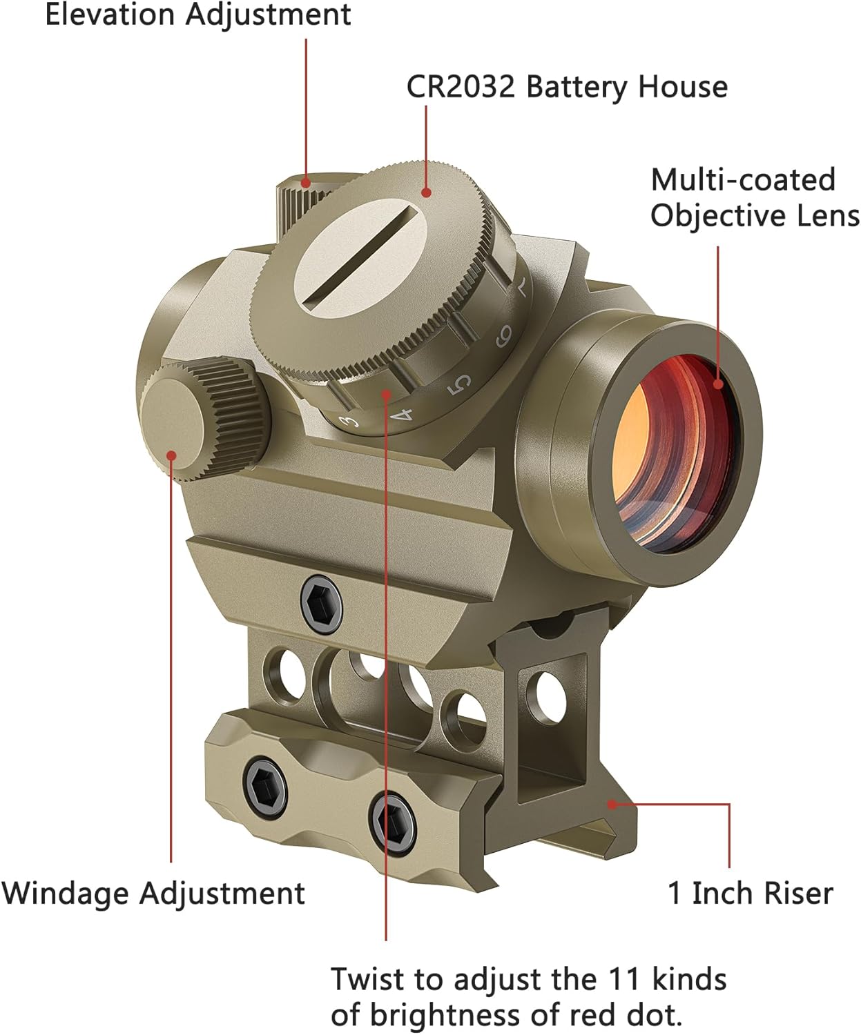 MidTen 2MOA Red Dot Sight 1x25mm Reflex Sight Waterproof & Shockproof & Fog-Proof Red Dot Scope with 1 inch Riser Mount