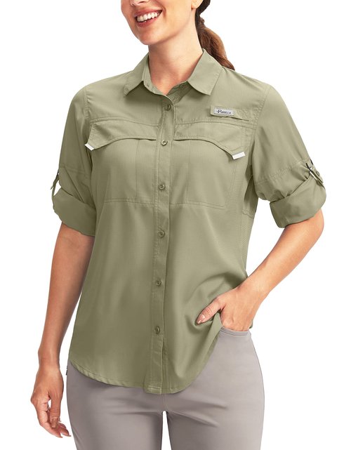 Pudolla Women's UPF 50+ UV Sun Protection Shirts Long Sleeve Fishing Hiking Shirt Cool Lightweight Travel Safari Shirts sage Green L