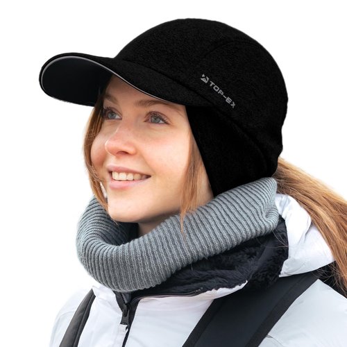 TOP-EX M/L/XL Waterproof Baseball Cap for Men with Ear Muffs Running Beanie with Ponytail Hole Reflective Winter Hat Cold Weather Fleece Lining Hat Black Big