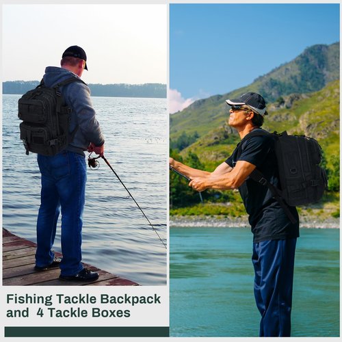 Locmeo Fishing Tackle Backpack with Rod Holders and 4 Tackle Boxes Large Storage Fishing Bags Water Resistant Tackle Bag for Camping Hiking Travel Gear and Equipment(Black,Shoulder Bag)