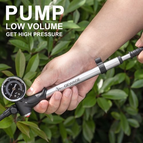 Shock Pump for Mountain, Road Bikes and Motorcycle - 300 Psi High Pressure for Front Fork and Rear Suspension Air Shocks Pump with Gauge -Portable Mini Pump with Air Bleed Button (Silver)
