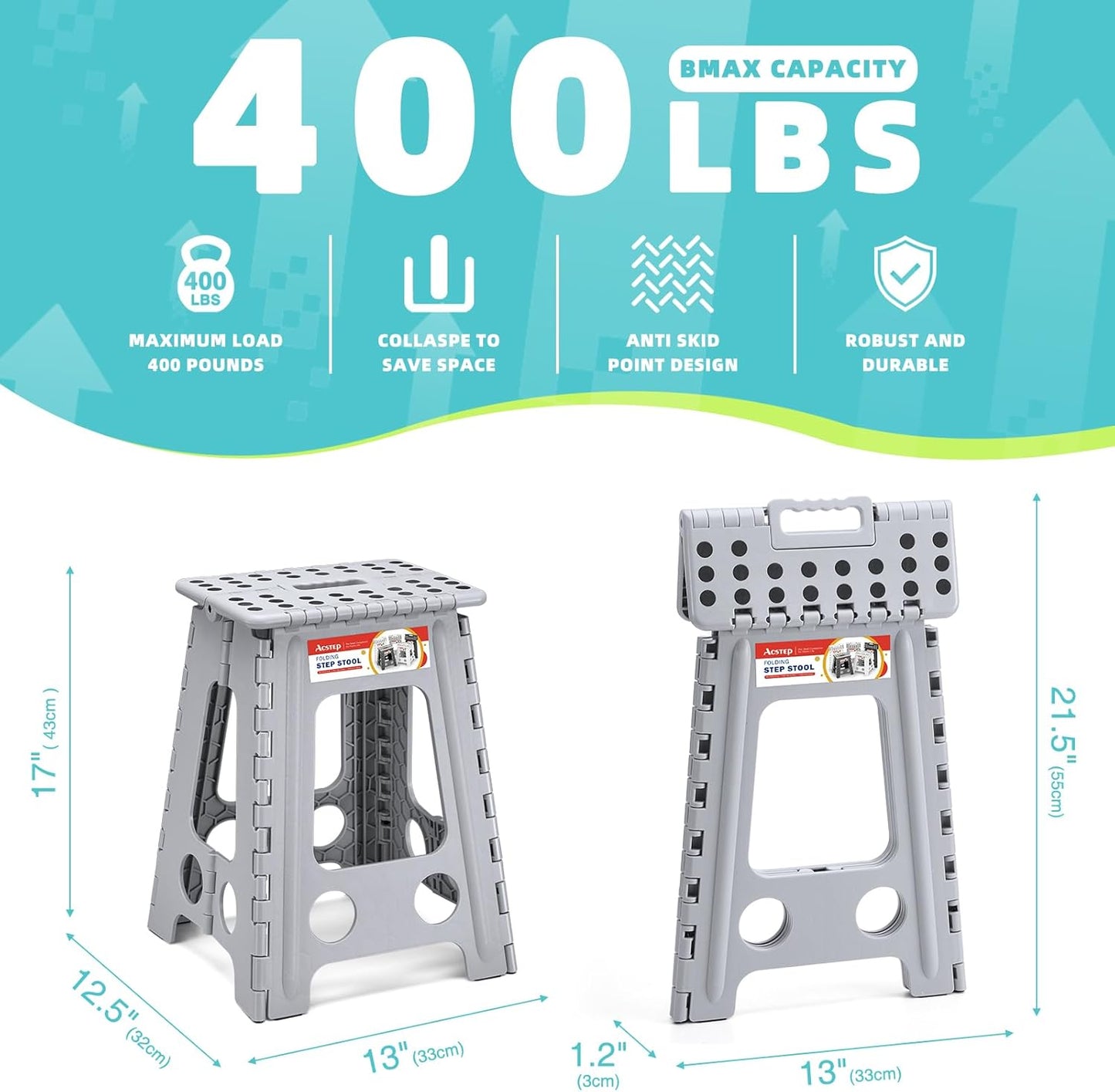 ACSTEP Folding Step Stool Foldable Stool 7.5 Inch Height Kids Step Stool, 300 lb Capacity Plastic Collapsible Stool, Stepping Stool with Handle Black Small Step Stool, Foot Stool Suitable for Kitchen