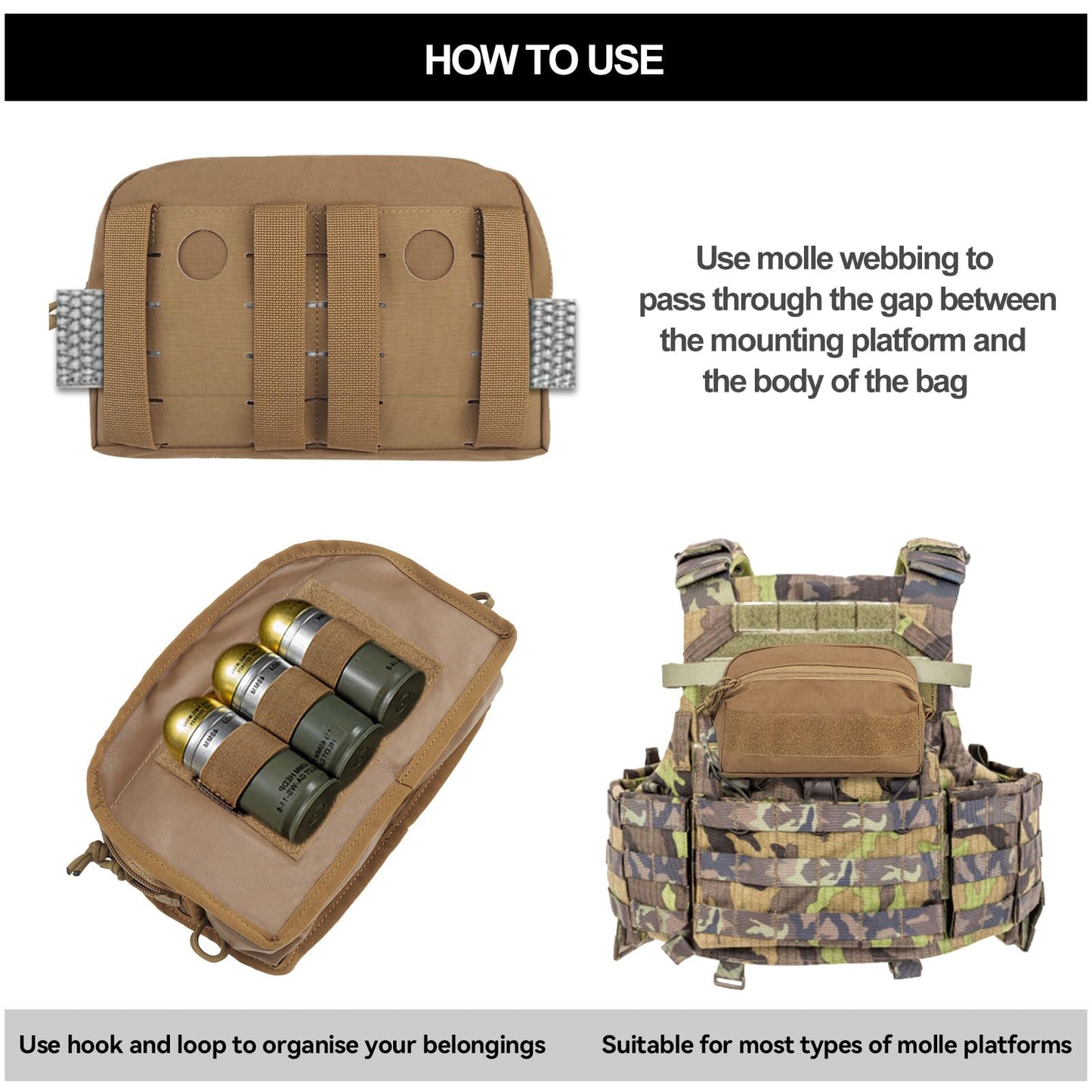 AOUTACC Tactical MOLLE Pouch,Molle Admin Pouch, Zippered Organizer Pocket,Chest Rig Molle Bag for Tactical Vest and Organizer Panel-Brown