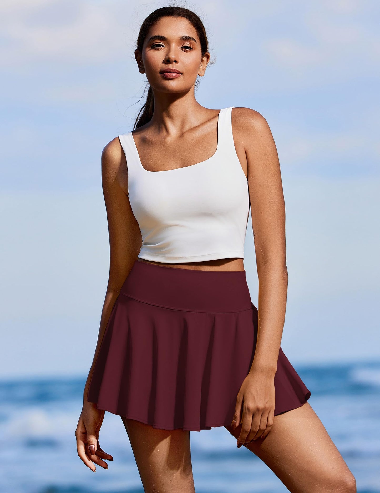 PINSPARK Tennis Skirts for Women High Waisted Athletic Golf Skorts with Pockets Shorts Quick Dry Pickleball Skirt, Red Merlot Small