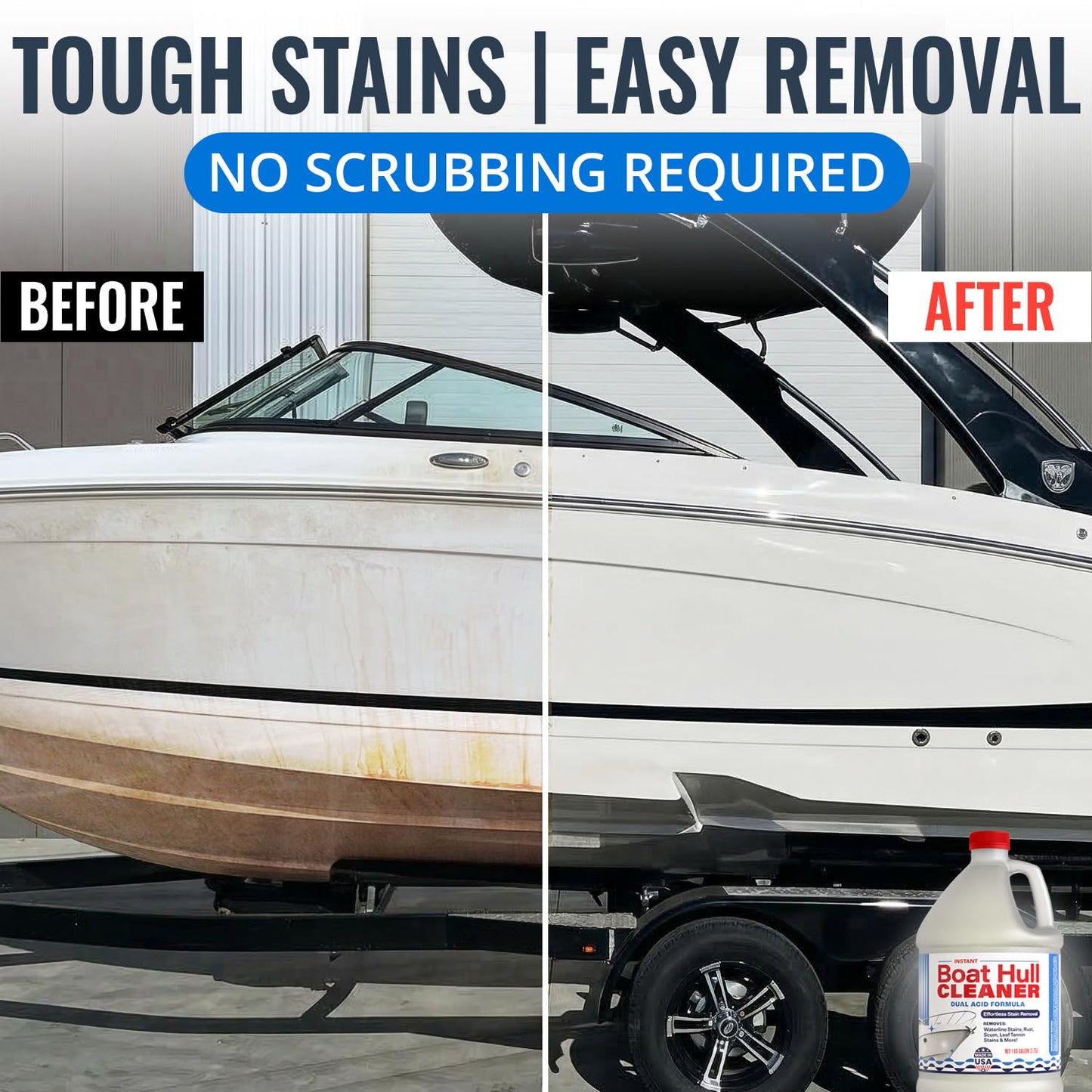 [1 Galllon] Instant Boat Hull Cleaner - Made in USA - Powerful Dual Acid Formula Easily Removes Scum Lines, Rust Stains, Hard Waterlines, & More from Fiberglass, Gelcoat & Painted Boat Surfaces