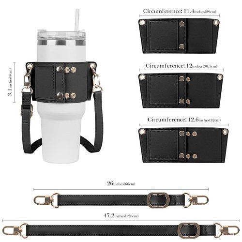 Linkidea Water Bottle Holder with Strap Compatible with Stanley Quencher H2.0 30oz/40oz, Simple Modern 40oz Tumbler, Vegan Leather Waterbottle Bag Holder, Shoulder Strap with Keyring, Black