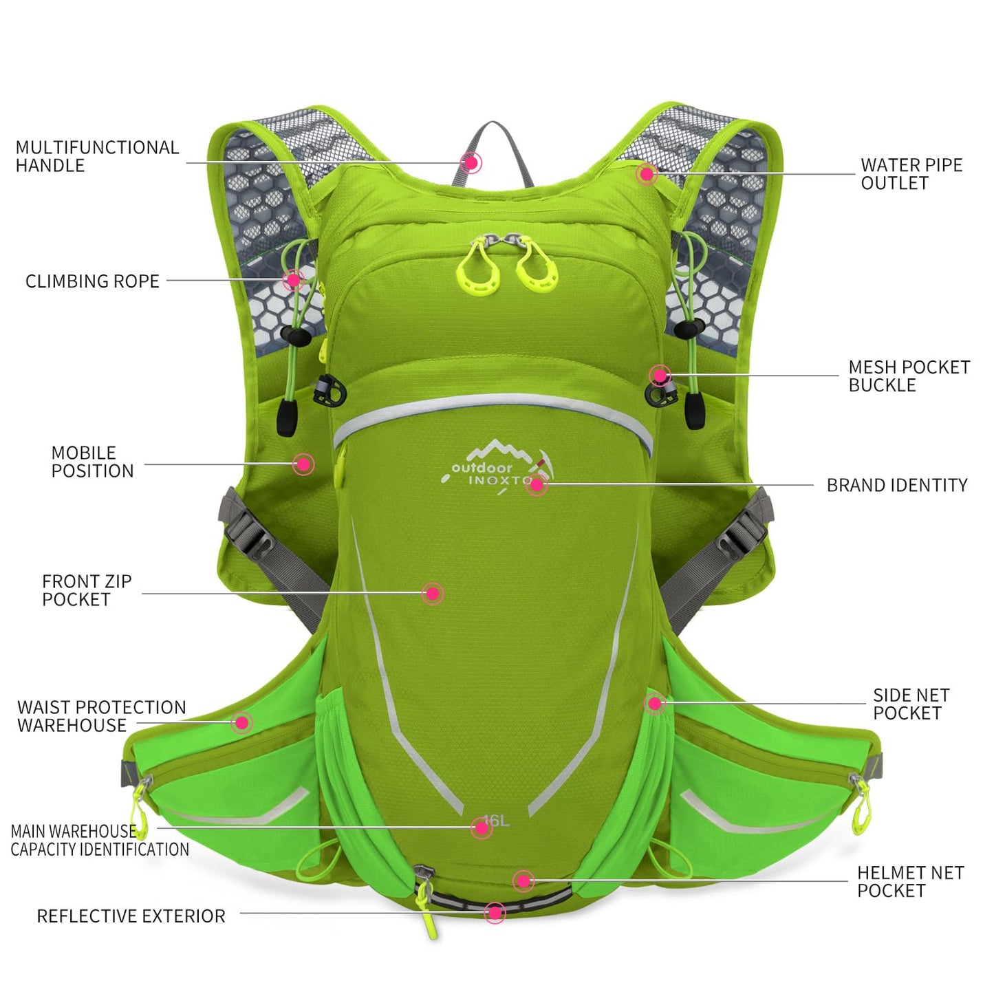 IX INOXTO 16L Hydration Backpack with Free 2-Liter Water Bladder The Lightweight Hydration Pack for Cycling (Green)