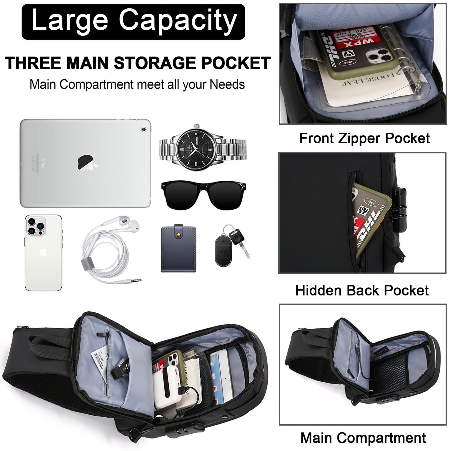 ISDULA Sling Bag for Men Anti-Theft USB Crossbody Bags Waterproof Chest Daypack Waterproof Shoulder Backpack (Black)