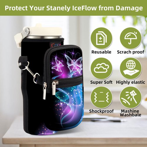icolor Water Bottle Carrier Bag for Stanley IceFlow Flip Straw Tumbler 20oz Stanley IceFlow Mug Carrying Holder Neoprene Sleeve Stanley Cup Accessories Pouch Crossbody Sling for Travel Fitness
