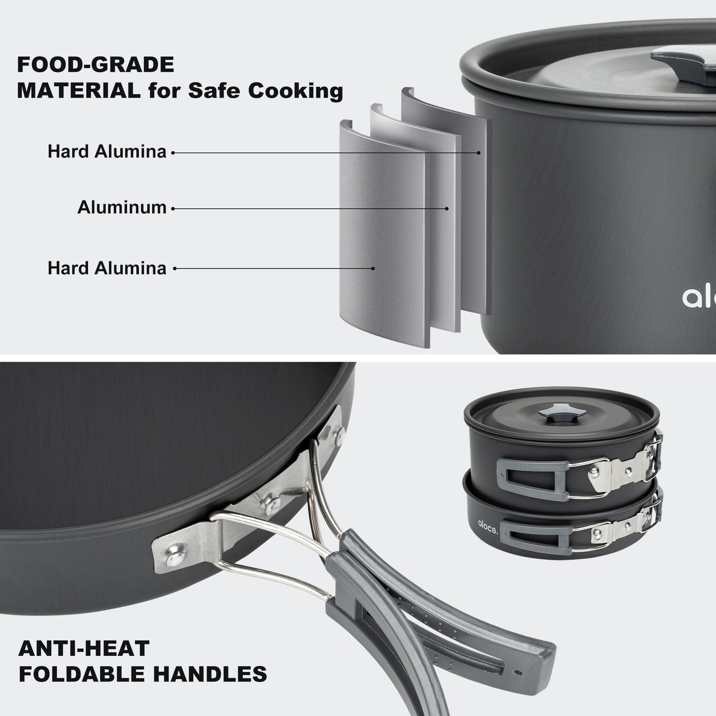 Alocs 17pcs Camping Cookware Set - Lightweight Camping Cookware Mess Kit for 2 - Portable Outdoor Cookware with Kettle - Camping Pots and Pans Set with Stainless Steel Cups Plates Forks Knives Spoons