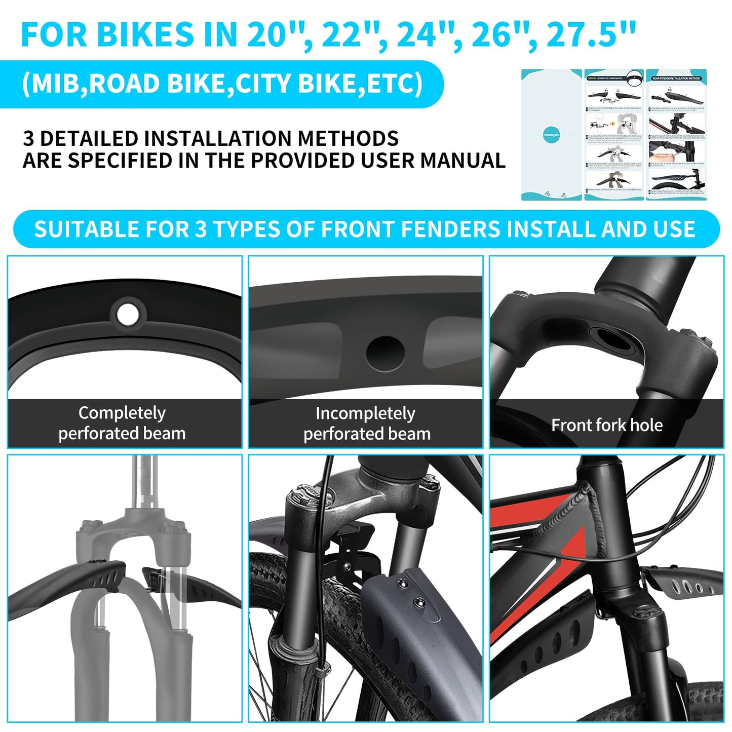 Amengsen Bike Fender Set with 26ft DIY Reflective Tape, Adjustable Bicycle Fenders for 24"/26"/27.5", 4 Parts-Universal Full Cover Thicken Widen, Front/Rear Mud Guards Fit for MTB Mountain Road Bike