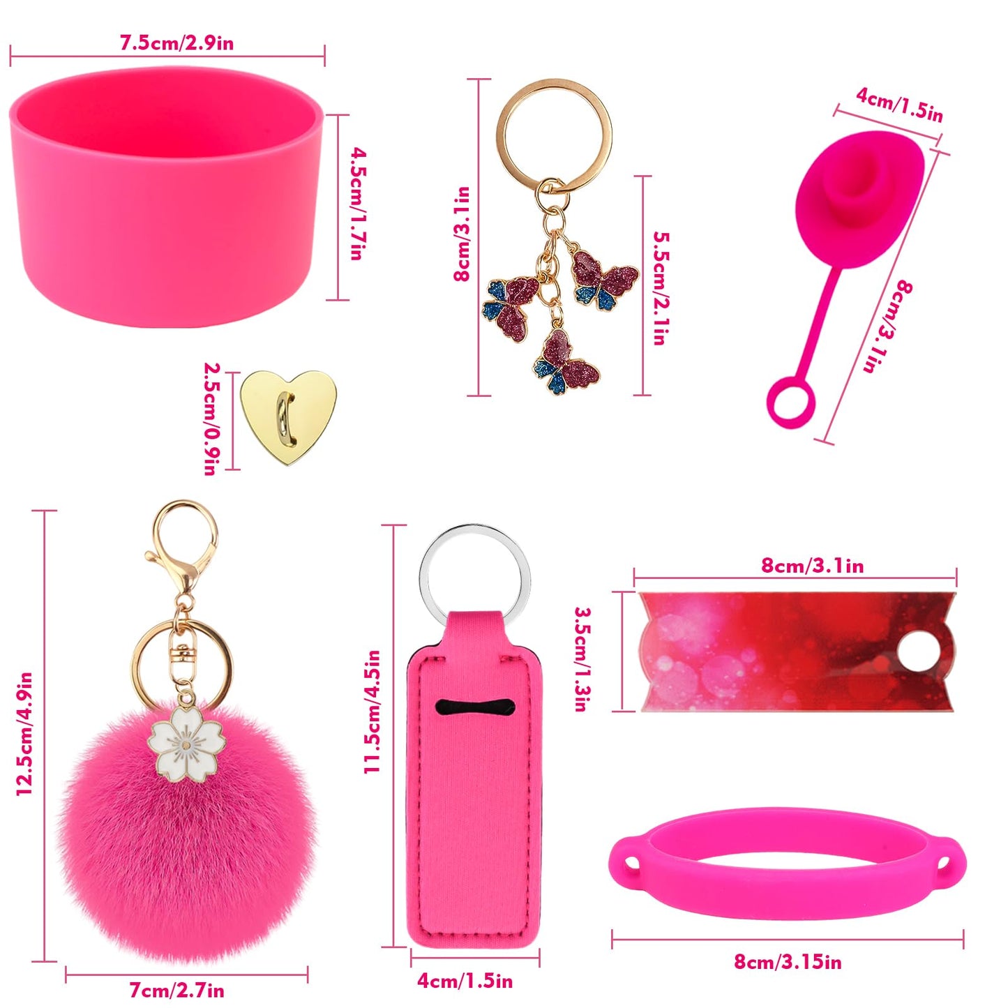 FOWSRHRG 9PCS Cup Accessories Set for Stanley Cup 30oz 40oz, Including Tumbler Name Plate, Water Bottle Handle Strap, Siliocne Cup Boot, Chapstick Holder, Straw Cover and Keychain Charms