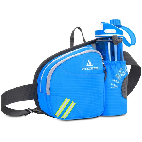 Peicees Waist Bag Fanny Pack with Water Bottle Holder for Men Women Hiking Running Dog Walking Fit All Phones (Bottle Not Included), Colorful Reflective Strip&Zipper-Sky Blue