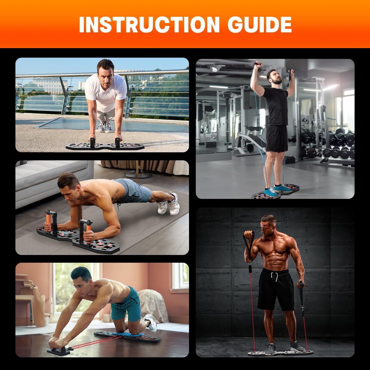 VEICK Push Up Board Fitness, Portable Foldable Exercise Equipment, Fitness Accessories with Resistance Bands Skateboard, Professional Strength Training Equipment for Men Women, Orange