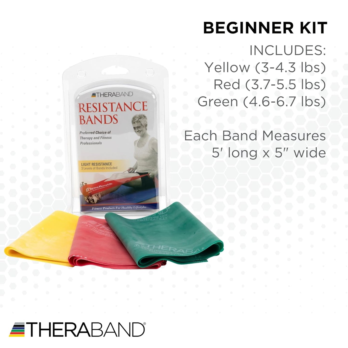 THERABAND Resistance Bands Set, Beginner Kit, Yellow, Red, Green, Non-Latex Elastic Bands for Exercise & Physical Therapy, Strength Training Bands for Upper & Lower Body Fitness