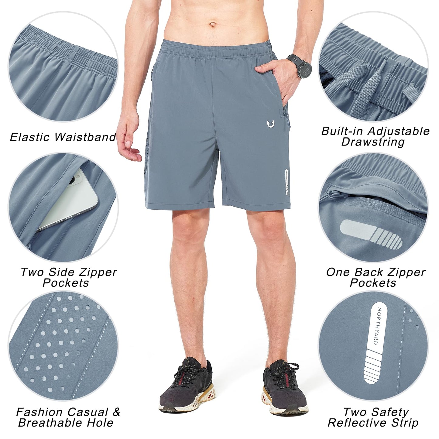 NORTHYARD Men's Athletic Running Shorts Quick Dry Workout Shorts 7"/ 5"/ 9" Lightweight Sports Gym Basketball Tennis Hiking Exercise CLOUDGREY XL