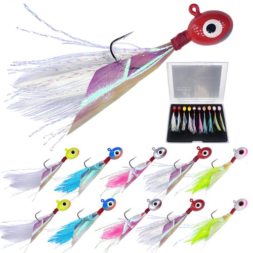 Bombite Oval Crappie Jig Heads with Hand-Tied Feather Rainbow Skin, 10/20Pcs Crappie Fishing Lures Kit for Bass, Trout, Walleye, Panfish, Sunfish, 1/32oz, 1/16oz, 1/8oz