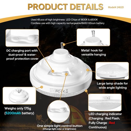 Lisaavo Rechargeable Camping Light 5200mAh Camping Lights and Lanterns Rechar Tent Light Night Market Lights for Tent,White