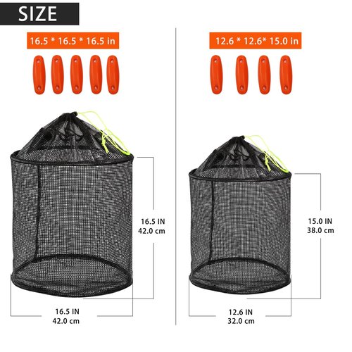 Drasry Large Portable Floating Fishing Basket for Caught Bait Shrimp Minnow Crab Live Well Coated Nylon Net Mesh Collapsible Storage Cage Rubber Kayak Fish Net Bucket(12.6 * 12.6 * 15 in)