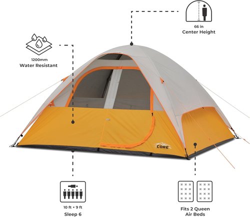 CORE Family Camping Tent - 3-9 Person Dome Tents with Gear Loft for Hiking & Backpacking