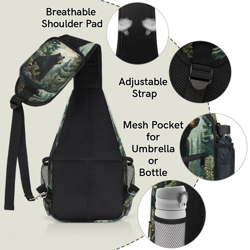 TropicalLife Black Bear Forest Animals Sling Backpack Women Men Crossbody Sling Bag Small Shoulder Chest Bag Daypack Fanny Pack for Travel Hiking Sport