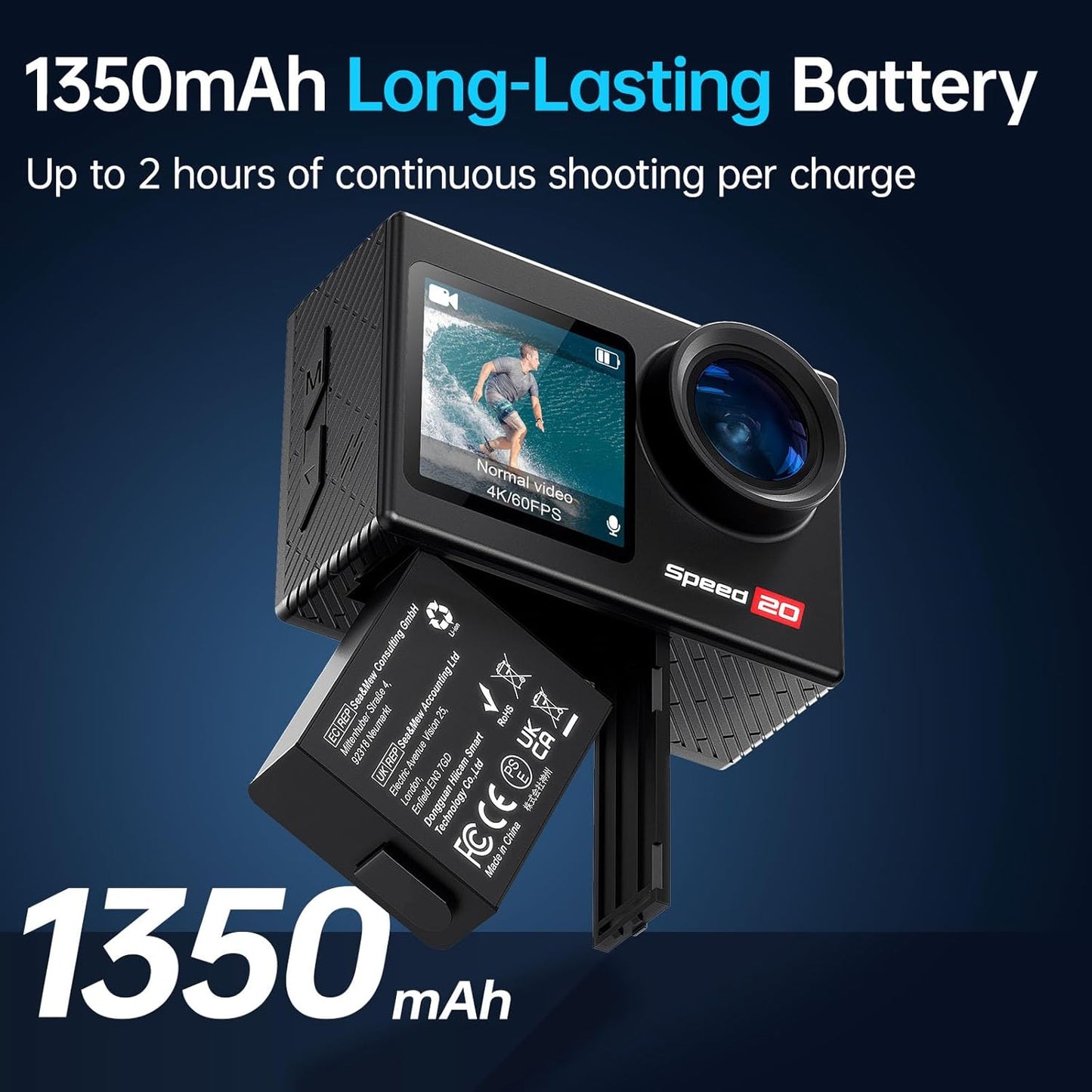 Action Camera 4K 60FPS with Touch Screen 20MP Waterproof Camera Underwater 131FT with EIS for Snorkeling Helmet Bike 170° Wide Angle Remote WiFi 5XZoom