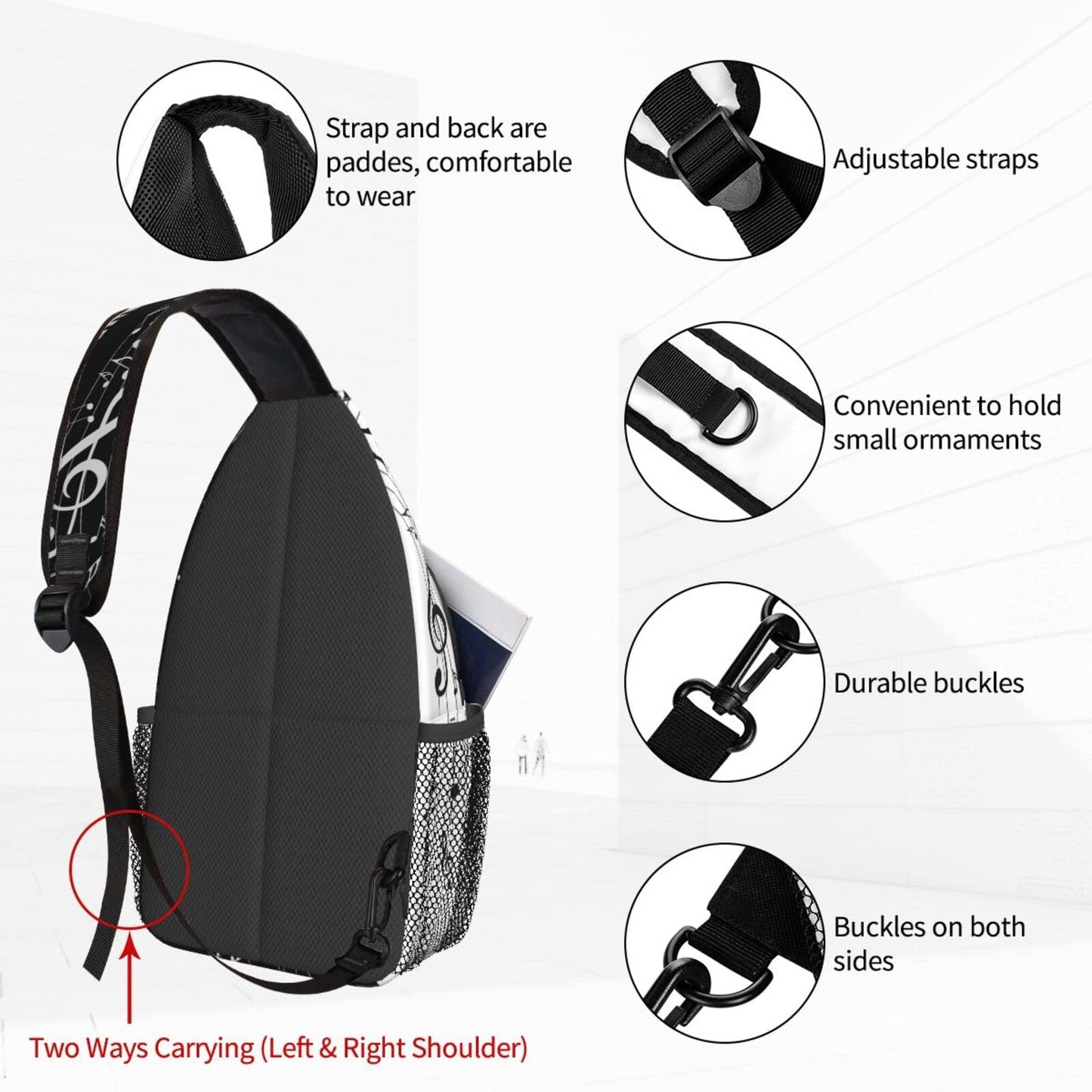 NiuKom Piano Keys Music Note Sling Backpack Crossbody Sling Bag for Women Men Shoulder Bag Travel Hiking Daypack