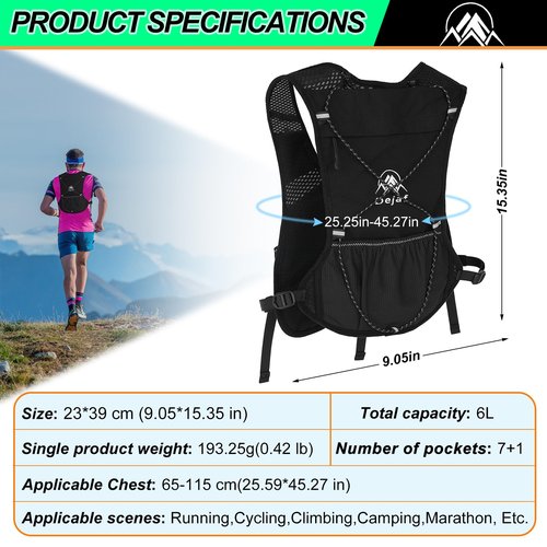 Running Vest for Women Men, Lightweight (194g/8 Bags) Hydration Backpack Running Phone Holder Vest for Hiking Trail Cycling Race Marathon Runners Essentials (Black, Adjustable)