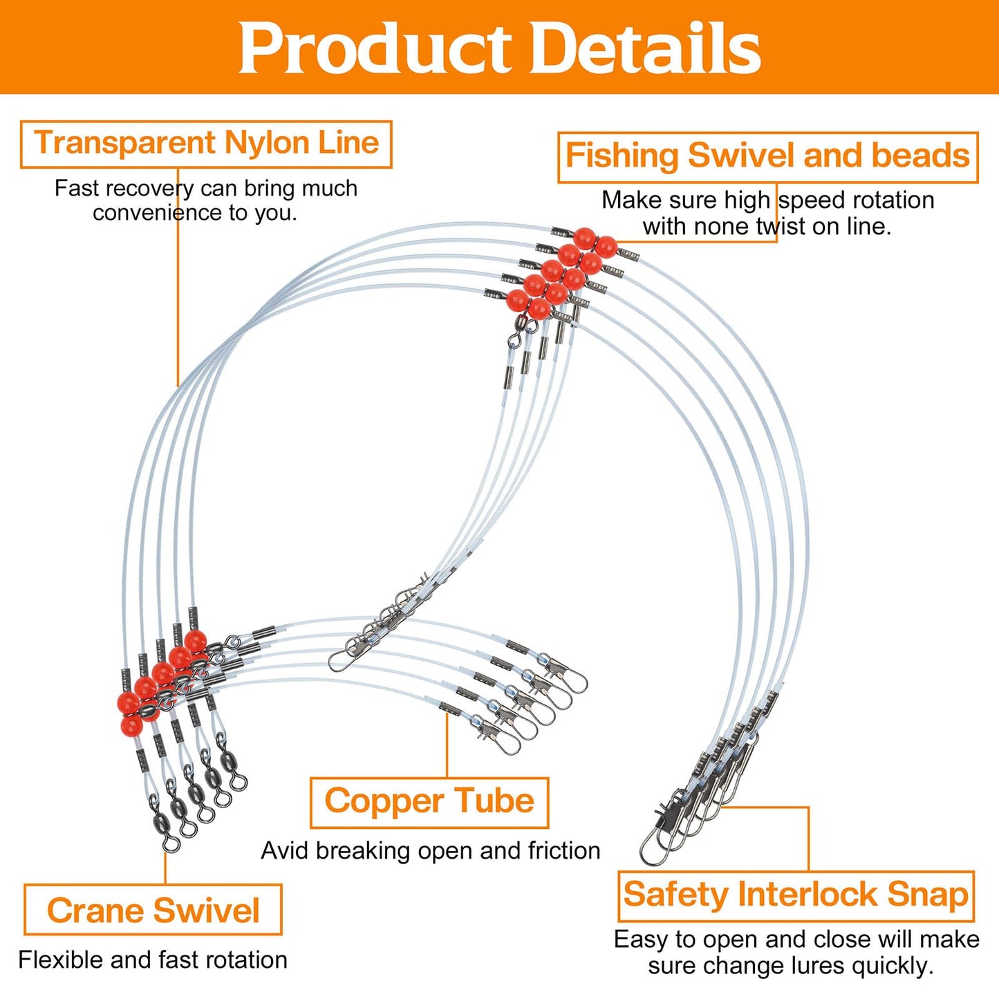 Fishing Leaders Saltwater Tackle Surf Fishing Rigs High Strength Fishing Wire Leader Line Rig with Swivels Snap for Lures Bait Hooks (2 arm, 12pcs, Blue Nylon)