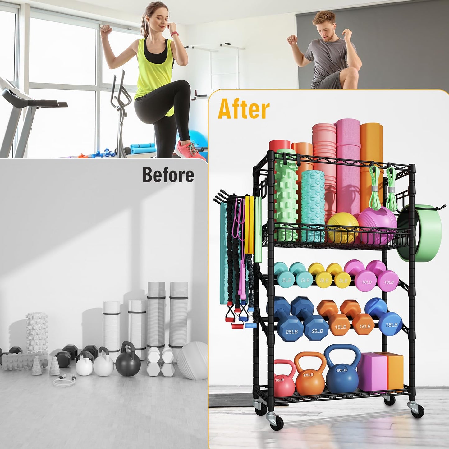 FUTASSI S3 Dumbbells Rack Storage Rack, Rolling Home Gym Weight Organizer Rack, Yoga Mat Storage and Workout Equipment Organizers for Gym Studio, Max Load 500 LBS, 34.6"W x 11.8"D x 48.6"H, Black