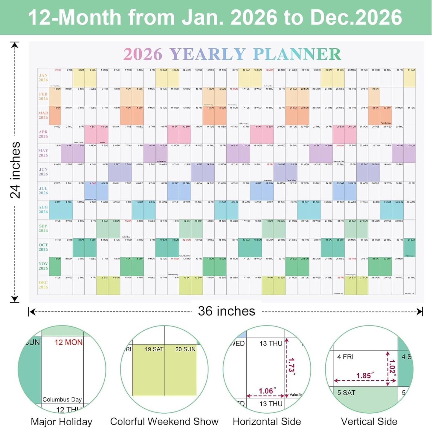 24" x 36" Exellewis 2026 Wall Calendar, Folded Large Paper Yearly Planner 12 Months, January to December 2026, 2-Sided Reversible Horizontal/Vertical School Office Business Year Calendar