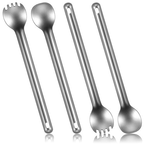 Minatee 4 Pieces Titanium Long Handle Spork and Spoon 8.4 Inch Ultralight Portable Flatware Lightweight Soup Spoon Camping Spork Utensil for Outdoor Camping Backpacking Hiking Travel Picnic (Silver)