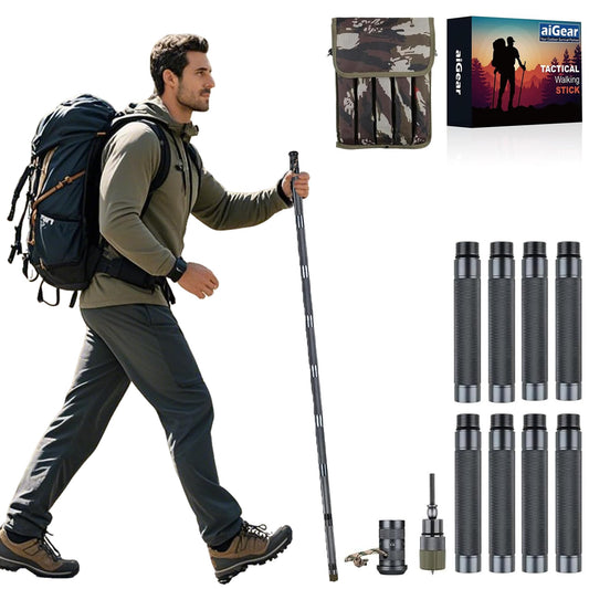aiGear Survive Walking Hiking Stick - Outdoor Survival Hiking Staff Multitool Gear Adjustable Trekking Poles for Survival Camping Hiking 8 Tubes