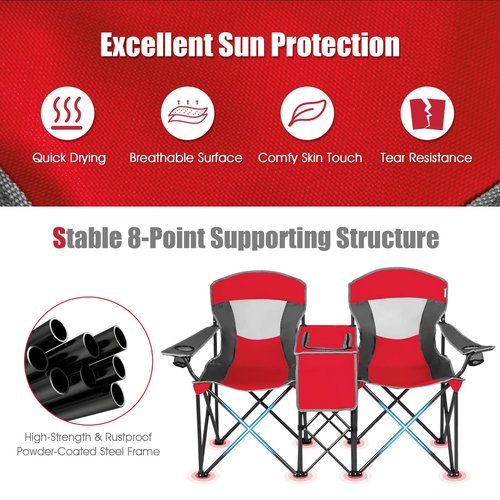 Tangkula Loveseat Camping Chair with Adjustable Shade Canopy, Portable Beach Chair with Cooler Bag, 2 Cup Holders, Carrying Bag, Foldable Double Lawn Chair for Travel, Fishing, Picnic (Red)