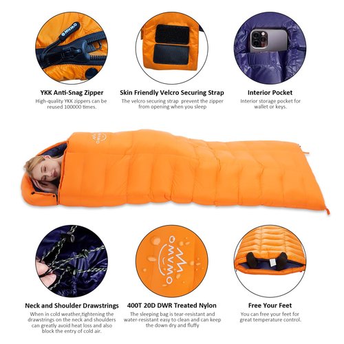 OMVMO 0 20 Degrees F Camping Sleeping Bag for Adults,4 Season Rectangle Down Fiber Sleeping Bag for Camping Hiking,Used as Blanket Quilt or Cloak (Orange/20℉/Right Zipper, Regular(Fits up to 6'0''))