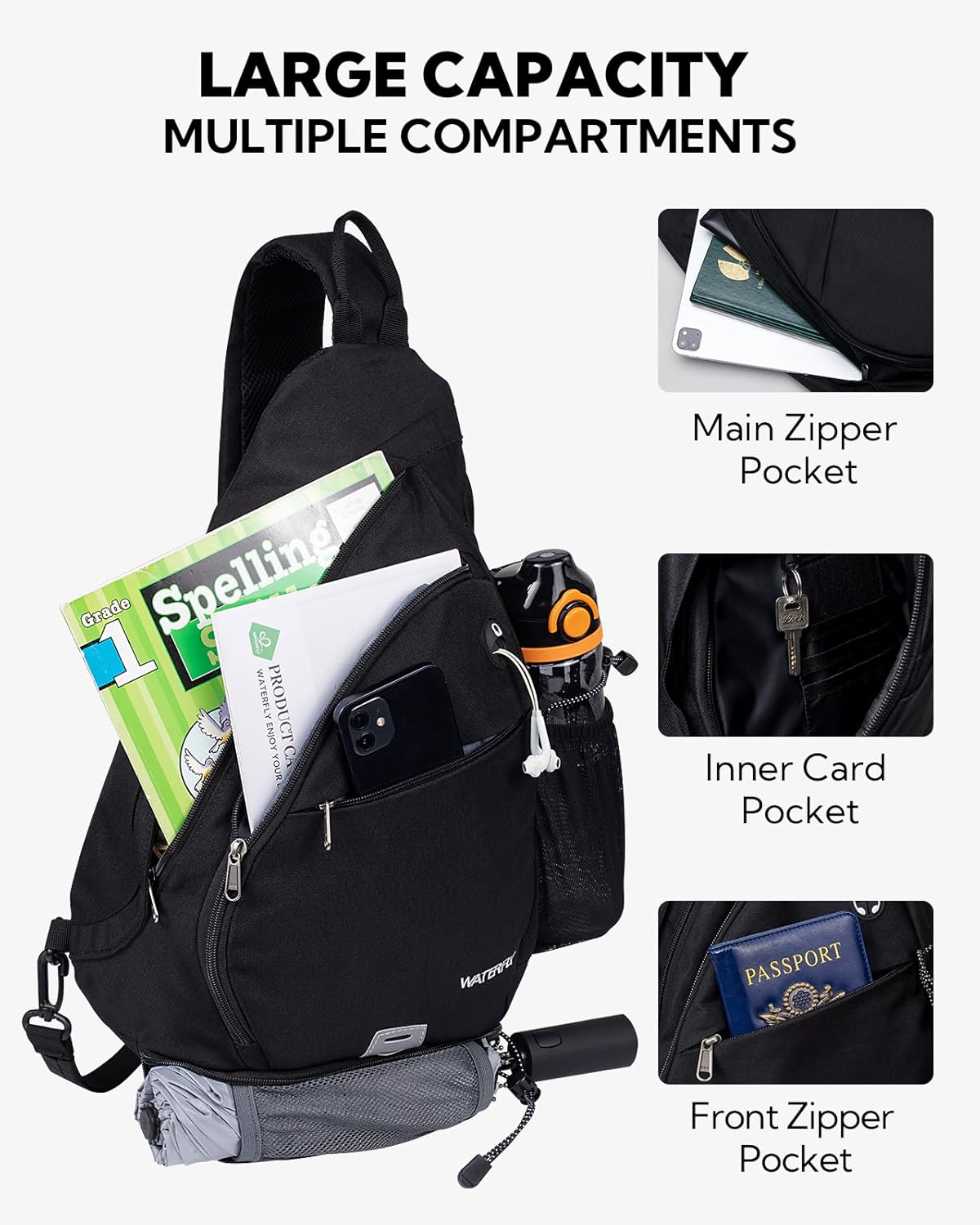 WATERFLY Large Crossbody Sling Bag: Over Shoulder Backpack Daypack Casual Cross Chest Side Pack