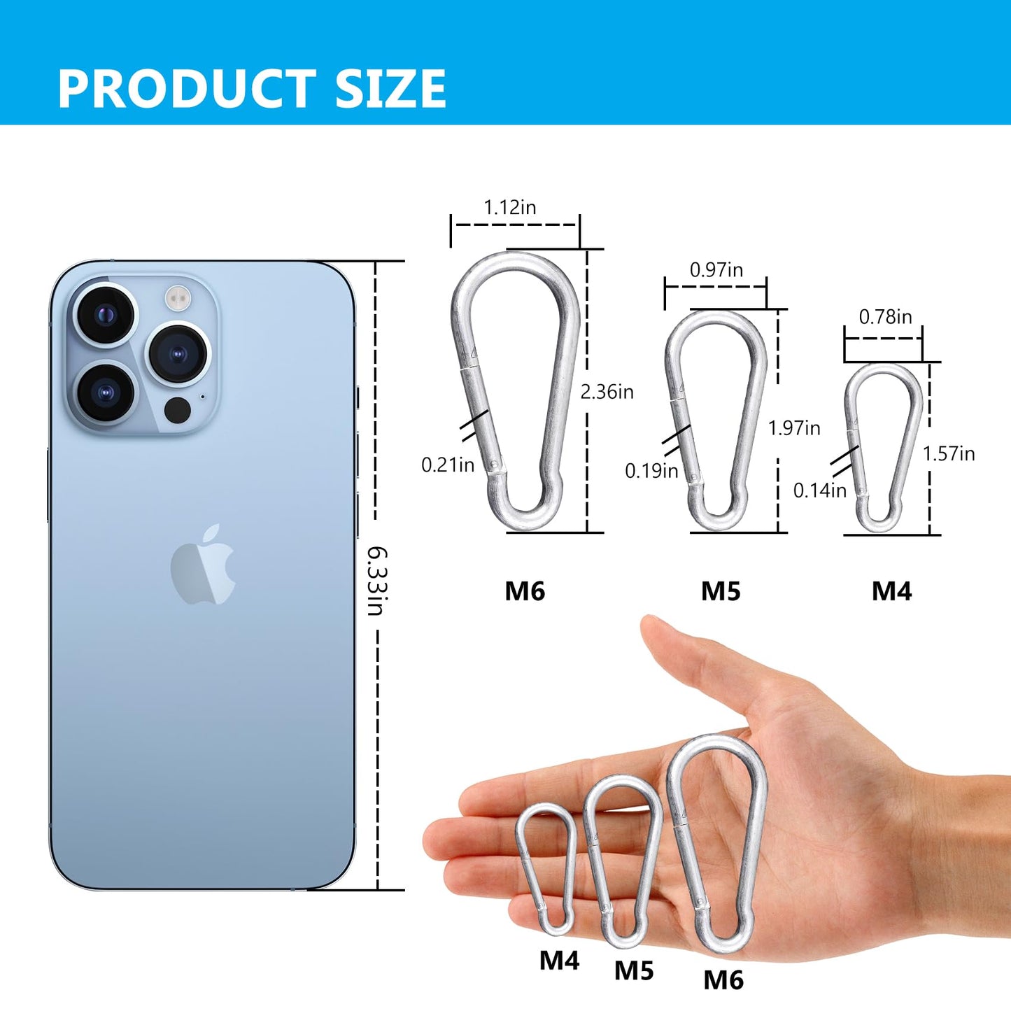 60PCS 2.3IN Carabiner Clip, M6 Heavy Duty Carbon Steel Carabiner, Spring Snap Hook Clip for Keychian, Locking Carabiner for Outdoor Camping, Fishing, Hanging, Dog Leash, Silver