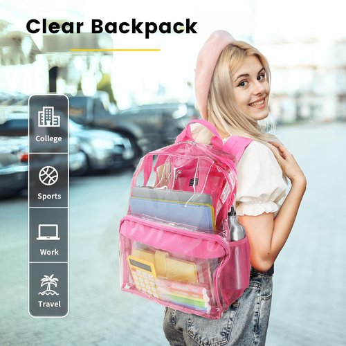 Vorspack Clear Heavy Duty Backpack - Transparent PVC See Through With Reinforced Bottom for College Workplace Security - Pink
