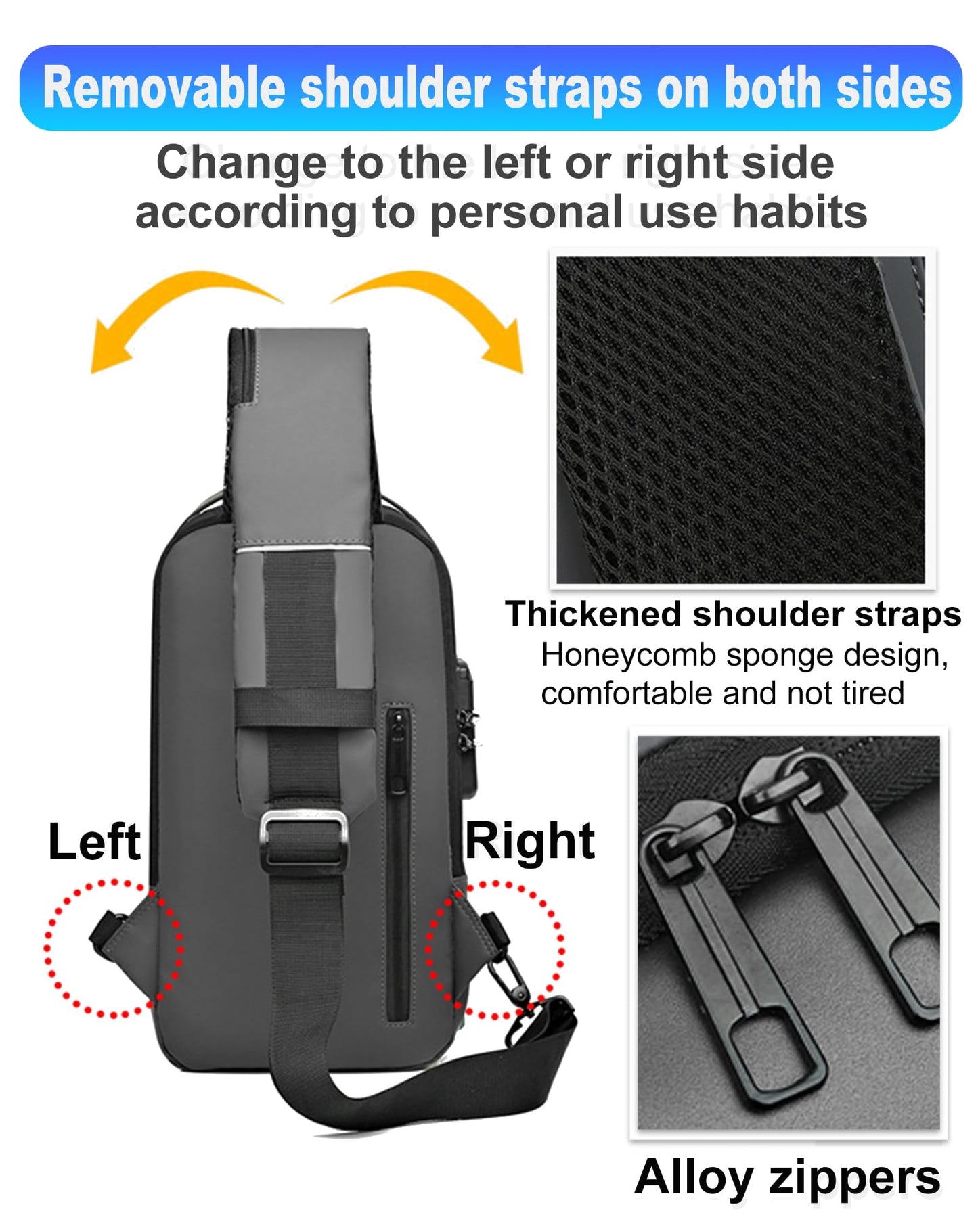 Geanbun Sling Bag for Men Anti-Theft USB Crossbody Backpack Waterproof Chest Daypack Lightweight Shoulder Bag (Black)