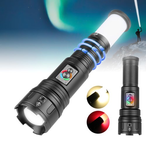 PINSAI Super Bright Rechargeable Large Flashlights, 2 in 1 Flash Light Lantern High Lumens, LED Zoomable Tactical Flashlights, Waterproof Multifunction Red Camping Light for Emergencies, Outdoor
