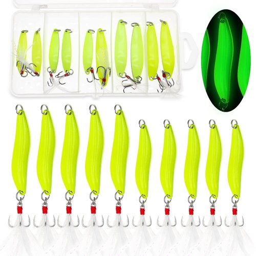 FREGITO Fishing Lures,Fishing Spoons, Colorful Casting Fishing Spinner Hard Baits Tackle Single Hook for Trout Bass Salmon Freshwater Saltwater with Metal Hooks (10pcs Glow Color)