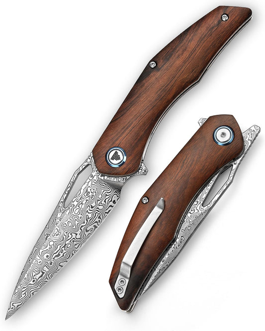 TRIVISA 3.62'' Damascus Folding Pocket Handmade Knife for Men With Clip, Front Flipper Utility Knife for Best EDC Outdoor Camping Hiking Work Knives,Ironwood Handle &Ti Ring.Taurus-01i