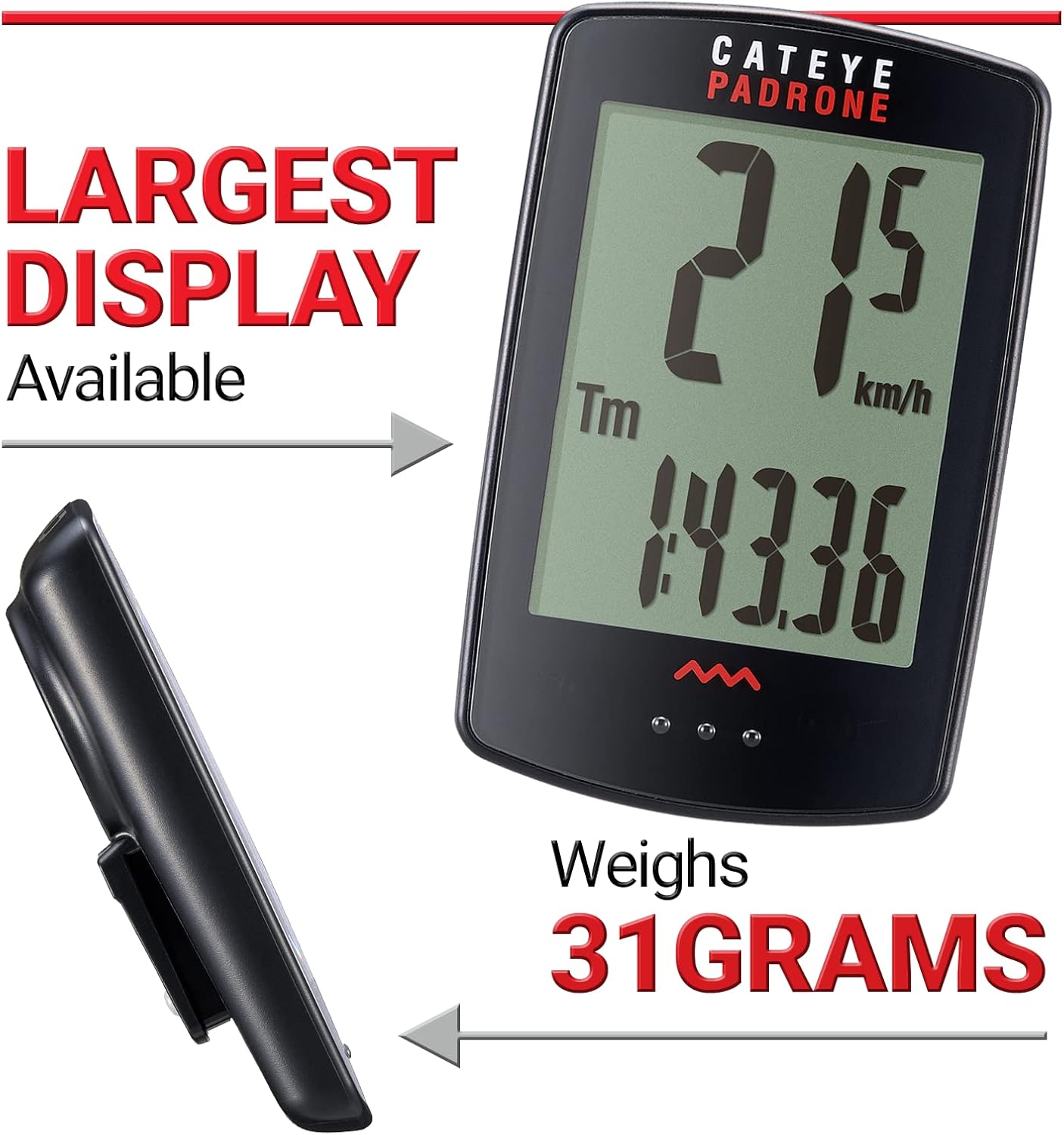 CATEYE Padrone Wireless Bike Computer – Oversized Display Cyclocomputer, Wireless Speedometer & Odometer, FlexTight™ Mount, Auto Start/Stop, Programmable Odometer